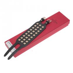 Pre Owned Valentino Rockstud Wide Black Leather Gold Tone Bracelet