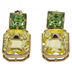 Pre Owned Valentino Yellow & Green Crystal Pyramid Gold Tone Dangle Earrings