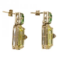 Pre Owned Valentino Yellow & Green Crystal Pyramid Gold Tone Dangle Earrings