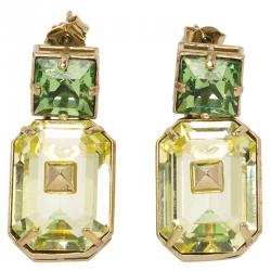Pre Owned Valentino Yellow & Green Crystal Pyramid Gold Tone Dangle Earrings