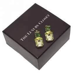 Pre Owned Valentino Yellow & Green Crystal Pyramid Gold Tone Dangle Earrings