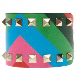 Pre Owned Valentino Rockstud Rainbow Leather Gold Tone Cuff Bracelet
