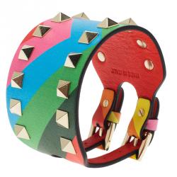 Pre Owned Valentino Rockstud Rainbow Leather Gold Tone Cuff Bracelet