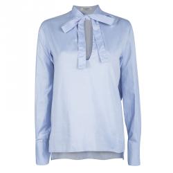 Pre Owned Valentino Blue Cotton Chambray Neck Tie Detail Long Sleeve Blouse M