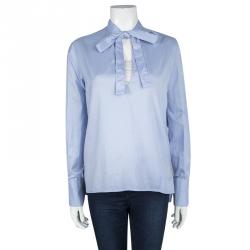 Pre Owned Valentino Blue Cotton Chambray Neck Tie Detail Long Sleeve Blouse M