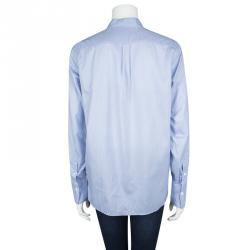 Pre Owned Valentino Blue Cotton Chambray Neck Tie Detail Long Sleeve Blouse M