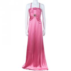 Pre Owned Valentino Pink Strapless Floral Brooch Gown L
