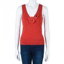 Pre Owned Valentino Red Sleeveless Rosette Detail Top S