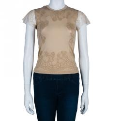 Pre Owned Valentino Beige Lace Print Cotton Top XS