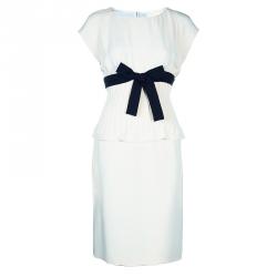 Pre Owned Valentino Cream Short Sleeve Bow Detail Dress L