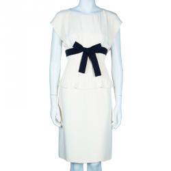 Pre Owned Valentino Cream Short Sleeve Bow Detail Dress L