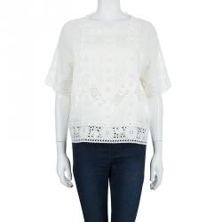 Pre Owned Valentino White Floral Eyelet Embroidered Pintuck Detail Long Sleeve Blouse M