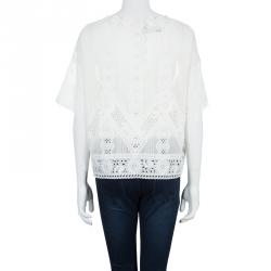 Pre Owned Valentino White Floral Eyelet Embroidered Pintuck Detail Long Sleeve Blouse M