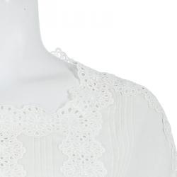 Pre Owned Valentino White Floral Eyelet Embroidered Pintuck Detail Long Sleeve Blouse M