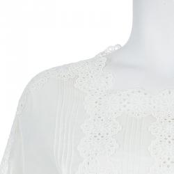 Pre Owned Valentino White Floral Eyelet Embroidered Pintuck Detail Long Sleeve Blouse M