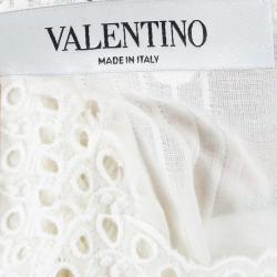 Pre Owned Valentino White Floral Eyelet Embroidered Pintuck Detail Long Sleeve Blouse M