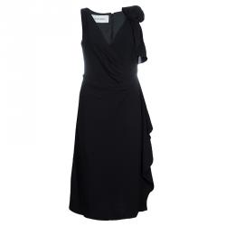 Pre Owned Valentino Black Ruched Side Floral Applique Detail Sleeveless Dress M