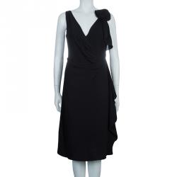 Pre Owned Valentino Black Ruched Side Floral Applique Detail Sleeveless Dress M