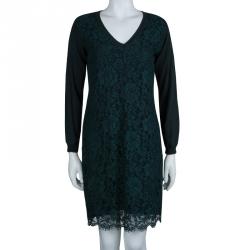 Pre Owned Valentino Dark Green Lace Overlay Knit Dress M