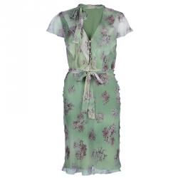 Pre Owned Valentino Green Floral Chiffon Dress M