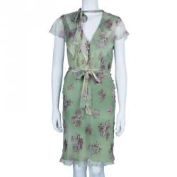 Pre Owned Valentino Green Floral Chiffon Dress M
