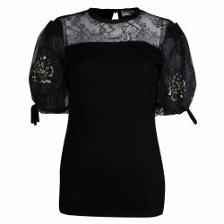 Pre Owned Valentino T-Shirt Couture Black Lace Detail Puffed Sleeve Top M