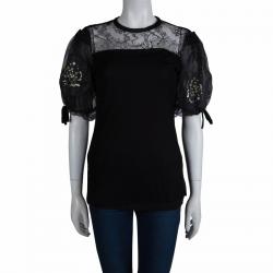 Pre Owned Valentino T-Shirt Couture Black Lace Detail Puffed Sleeve Top M