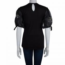 Pre Owned Valentino T-Shirt Couture Black Lace Detail Puffed Sleeve Top M