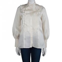 Pre Owned Valentino Cream Silk Ruffle Detail Long Sleeve Shirt L