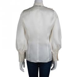 Pre Owned Valentino Cream Silk Ruffle Detail Long Sleeve Shirt L
