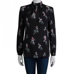 Pre Owned Valentino Black Silk Floral Printed Long Sleeve Top S