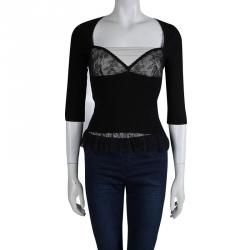 Pre Owned Valentino Black Rib Knit Lace Insert Top S