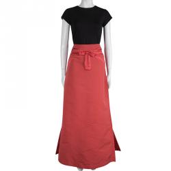 Pre Owned Valentino Red Bow Detail Gathered High Low Maxi Skirt L