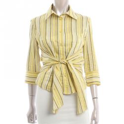 Pre Owned Valentino Yellow Striped Front Knot Top S