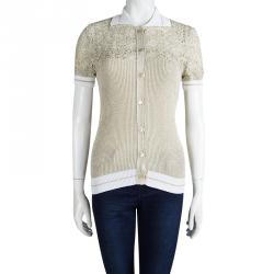 Valentino Gold Lurex Ribbed Knit Lace Detail Top M