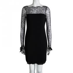 Pre Owned Valentino Black Lace Trim Floral Applique Detail Long Sleeve Dress M