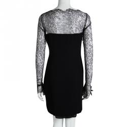 Pre Owned Valentino Black Lace Trim Floral Applique Detail Long Sleeve Dress M