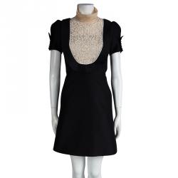 Pre Owned Valentino Black Beaded Yoke Detail Short Sleeve Dress S