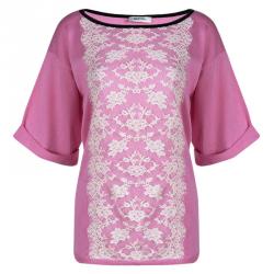 Pre Owned Valentino Pink Knit Scallop Lace Applique Detail Top XL