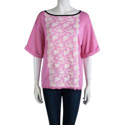 Pre Owned Valentino Pink Knit Scallop Lace Applique Detail Top XL