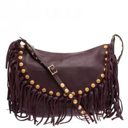 Pre Owned Valentino Burgundy Leather C Rockee Studded Fringe Hobo