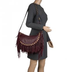 Pre Owned Valentino Burgundy Leather C Rockee Studded Fringe Hobo