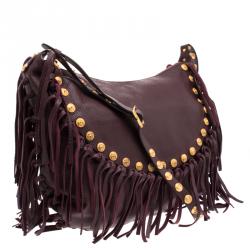 Pre Owned Valentino Burgundy Leather C Rockee Studded Fringe Hobo