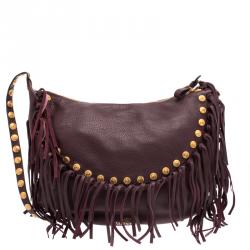 Pre Owned Valentino Burgundy Leather C Rockee Studded Fringe Hobo