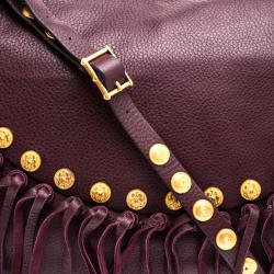 Pre Owned Valentino Burgundy Leather C Rockee Studded Fringe Hobo