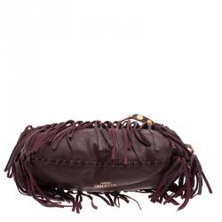 Pre Owned Valentino Burgundy Leather C Rockee Studded Fringe Hobo