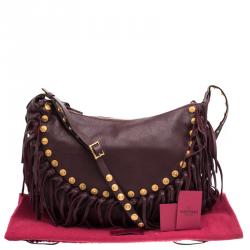 Pre Owned Valentino Burgundy Leather C Rockee Studded Fringe Hobo