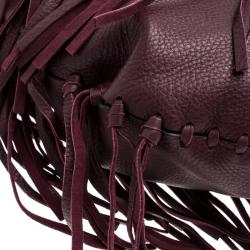 Pre Owned Valentino Burgundy Leather C Rockee Studded Fringe Hobo