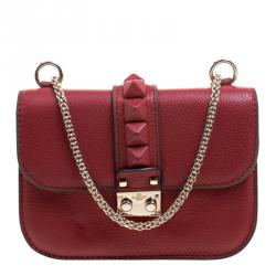 Pre Owned Valentino Red Leather Rockstud Lock Flap Crossbody Bag