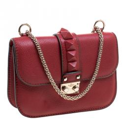 Pre Owned Valentino Red Leather Rockstud Lock Flap Crossbody Bag